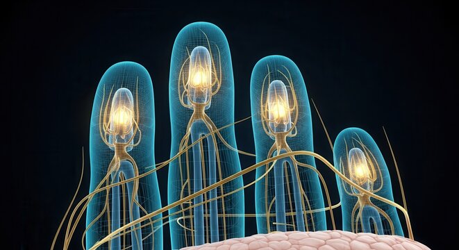 Microscopic view of sensory nerve endings and receptors in biological tissue, illustrating neural pathways and cellular structures.