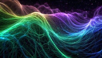 Naklejka premium Vibrant multicolored glowing lines wave across dark space