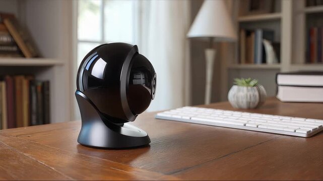 A sleek black smart speaker sits on a wooden desk in a modern home office with a keyboard and books in the background, captured in a showcasing its design and functionality.