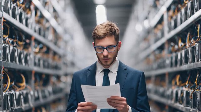 Handsome young businessman reads important documents in a modern, high-tech data center filled with computer servers, reflecting focused professionalism in a corporate environment