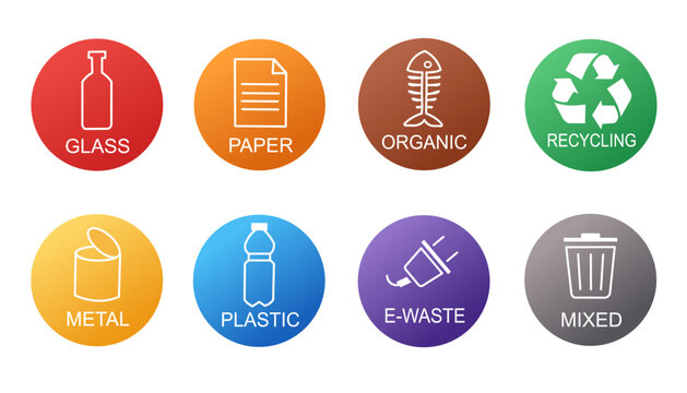 Waste sorting symbols for plastic metal glass paper organic electronic, mixed recycling trash. Garbage segregation 