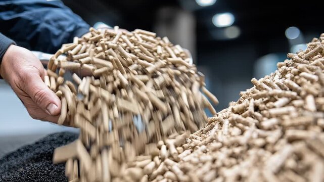 Worker hands pouring wood pellets and coal for heating into a large pile at an industrial factory for renewable energy production