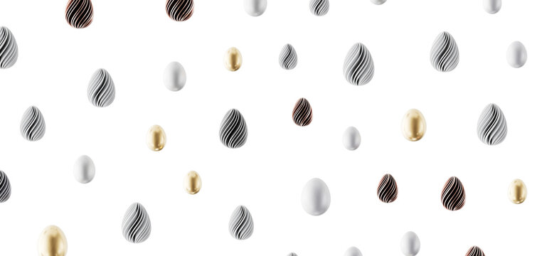 Elegant pattern of Easter eggs in gold, silver, and woodgrain against white background. Perfect for Easter or design pro