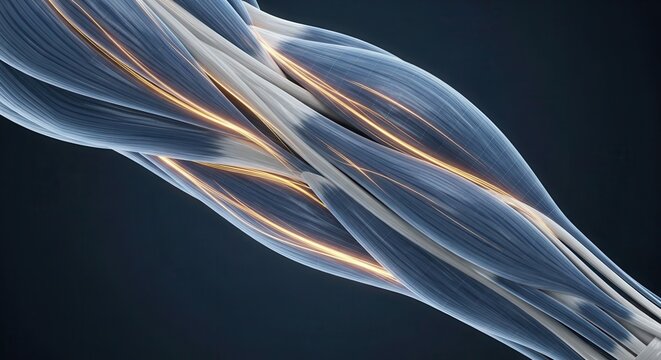 Detailed 3D rendering of human arm muscles and tendons with highlighted nerve pathways.