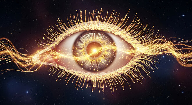 glowing human eye radiating golden light in a cosmic setting symbolizing deep vision artificial intelligence and spiritual insight.