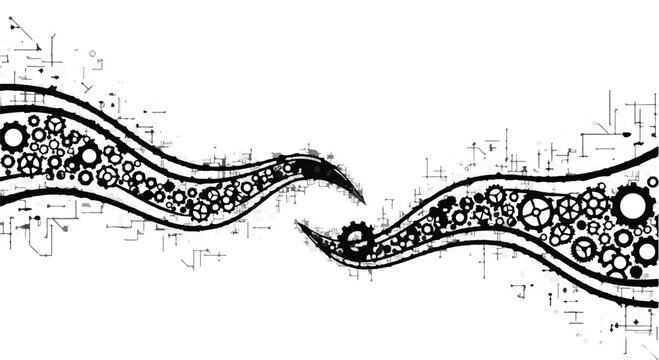 Gears form an intricate mechanical wave pattern on a clean white background.