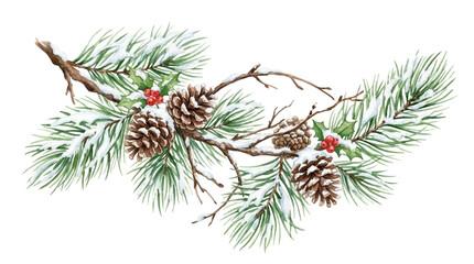 Naklejka premium Watercolor snowy pine branch with cones and holly berries, isolated on white or transparent background, festive Christmas decoration