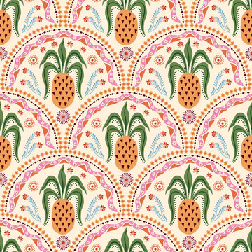 Tropical summer pineapple seamless pattern. Geometric exotic fruit pink damask ornament, flower, cute hand drawn arched print, botanical Indian textile design, wallpaper. Vector beach illustration