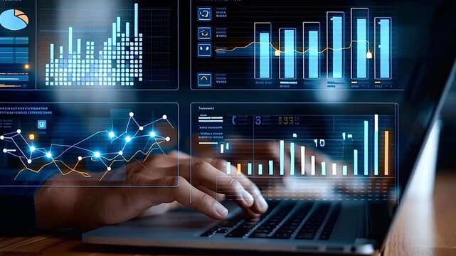 Financial analyst typing on laptop with holographic data dashboard