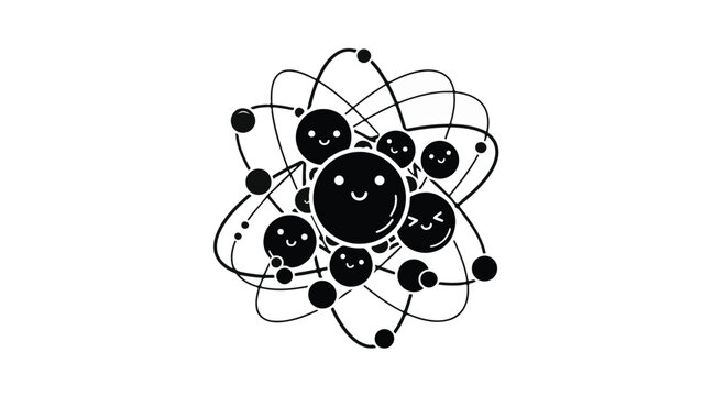 Atom model features smiling particles orbiting a central nucleus in a cute style.