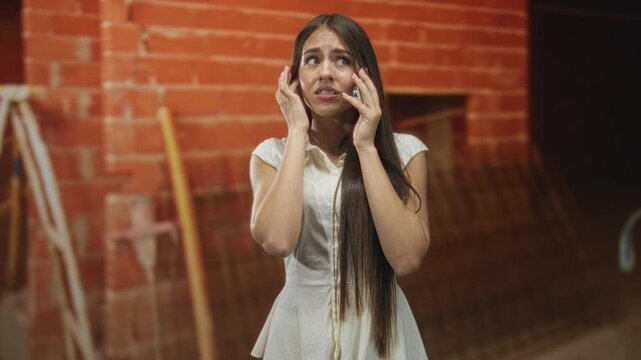 Teenage girl holds phone to ear and presses hand to cheek against brick building wall; anxiety urgency.