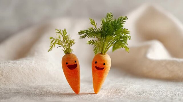 ?Animated carrot friends dancing joyfully on soft fabric surface