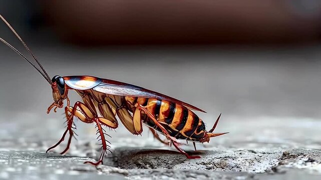 Detailed macro shot of a brown american cockroach slowly lifting and spreading its wings, preparing for flight while standing on a concrete surface, showcasing its anatomy and behavior