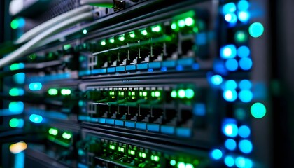 Fototapeta premium Close-up view of a server room with rows of illuminated servers and cables.