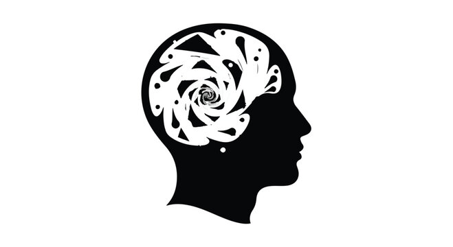 Profile silhouette of a human head contains a swirling spiral mind pattern.
