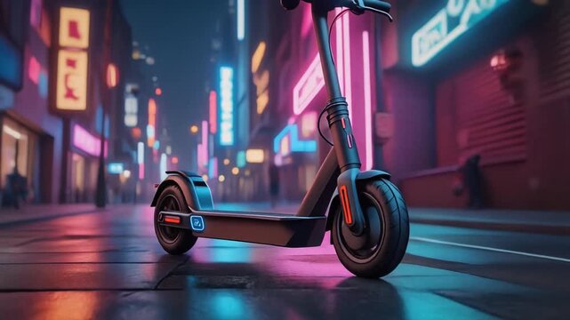 Electric scooter with modular design wet neon lit urban street night, futuristic city vibe, vibrant colors, modern transportation, energetic night