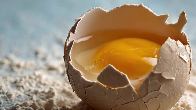 A cracked eggshell with a golden yolk sits on a bed of flour in a kitchen setting for a cooking