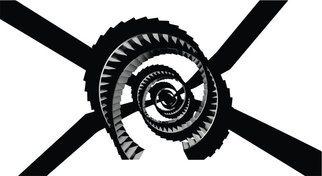 Staircase spiral creates a modern architectural abstract design on white background.