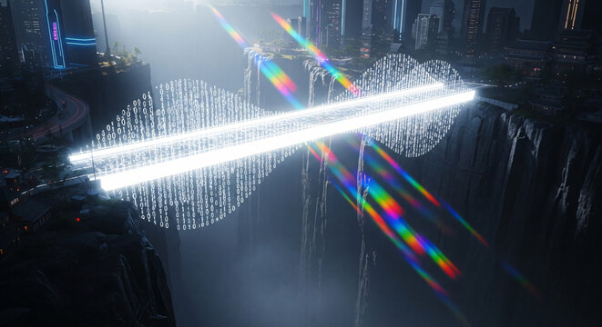 Futuristic Glowing Binary Code Bridge Across a Deep Canyon Waterfall