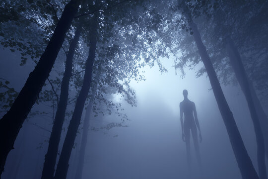 Mysterious alien silhouette in foggy forest dark cinematic scene extraterrestrial presence