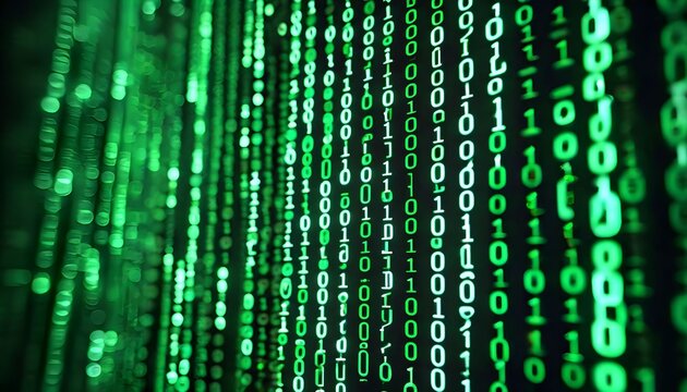 Green binary code flows rapidly down a dark screen displaying numbers and letters.