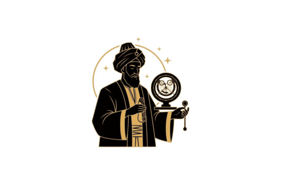 Medieval Islamic Physician and Scholar Silhouette, Golden Age of Science Vector Sticker, Historical Persian Polymath Medicine Illustration