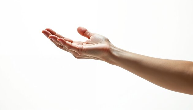 Human arm and open palm facing up on white background. Empty hand gesture offers support or receives. Clean isolation shows gesture of giving or asking.