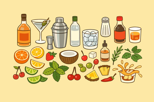 Hand-drawn vector illustration of cocktail ingredients and bar tools including shaker, bottles, martini glass, citrus fruits, mint, cherries, and ice cubes on a soft yellow background.