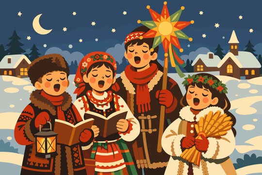 Christmas Carolers in Traditional Folk Costumes Singing in a Snowy Winter Village at Night, Retro Cartoon Style Illustration with Festive Characters, Christmas Star, Lantern, and Wheat Sheaf