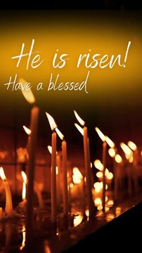 holy easter christian resurection greeting clip with dark church interior & burning candles and religious message