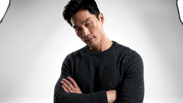 confident asian man posing with crossed arms in photo studio. handsome male model standing between professional softbox lights. fashion photography backstage, portfolio shoot.