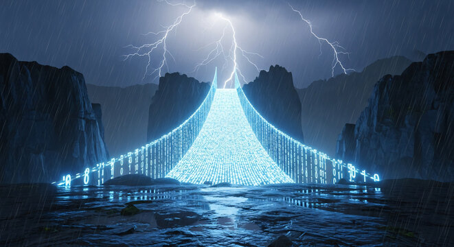 Digital Binary Bridge Glowing in a Stormy Fantasy Landscape