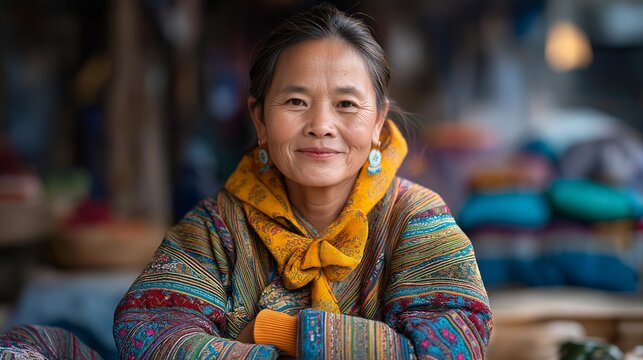 Hmong embroiderer selling intricate story cloths at farmers market booth, traditional textile patterns displayed alongside fresh spring produce from other vendors, perfect for artisan economy,
