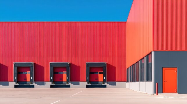 A modern red warehouse with four loading docks under a clear blue sky, showcasing geometric architecture