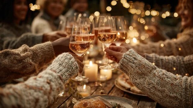 Evening Toast: A warm and convivial gathering of friends raising their glasses in a celebratory toast, enveloped by the soft glow of candlelight and festive string lights.