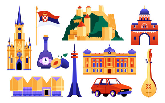 Serbian Culture Symbols - colorful flat design illustration