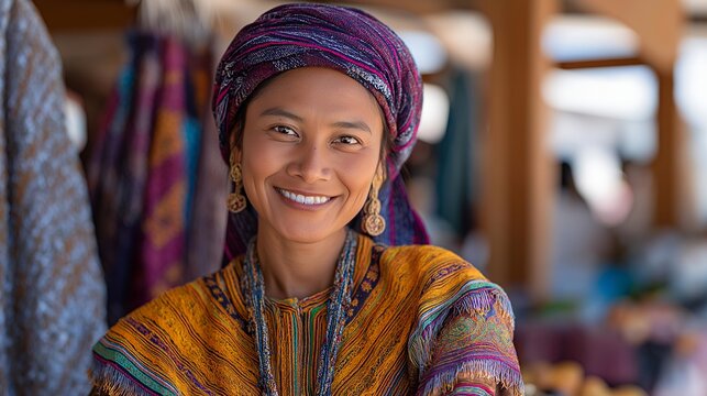 Hmong embroiderer selling intricate story cloths at farmers market booth, traditional textile patterns displayed alongside fresh spring produce from other vendors, perfect for artisan economy,