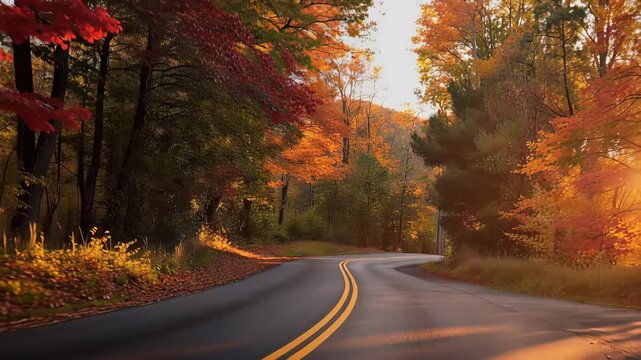 A winding road curves through a vibrant autumn forest during sunset