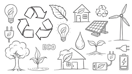 Fototapeta premium Hand-Drawn Eco Friendly Vector Icon Set Featuring Renewable Energy Symbols Recycling and Sustainable Living Concepts