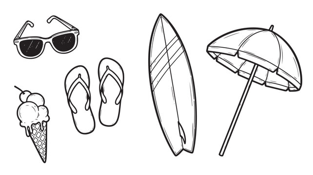 Hand-Drawn Summer Beach Vector Set Featuring Surfboard Sunglasses Umbrella Ice Cream and Flip Flops