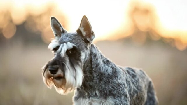 A majestic schnauzer stands proudly against a soft sunset backdrop.