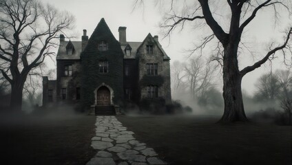 Obraz premium Eerie Mansion in Fog - A Gothic Horror Scene.