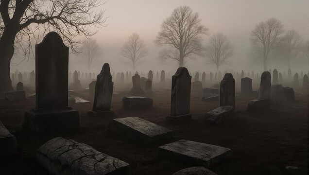 Eerie Cemetery Scene in Foggy Weather.