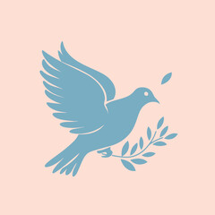 Fototapeta premium Stylized blue dove flying with an olive branch, embodying peace, hope, and freedom. Flat vector icon on light background.