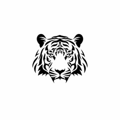 Obraz premium Powerful black and white stylized tiger head illustration, fierce predator mascot graphic, jungle cat vector art with intricate stripes.
