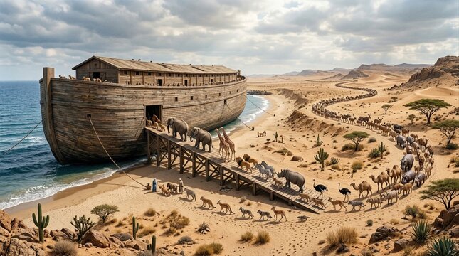 Noah's ark on a sandy beach with a procession of animals boarding in pairs. Biblical story of the great flood and survival. Epic religious illustration of wildlife entering a wooden ship