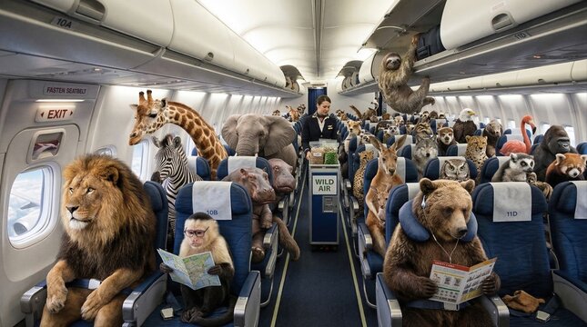 Wild animals traveling as passengers in an airplane cabin. Surreal flight attendant service concept