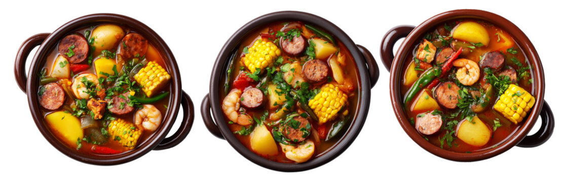 Cazuela chilean Stew pot served in rustic bowl isolated on white background, South American Cuisine