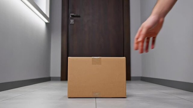 ?Efficient package pickup in modern hallway: smooth elevator door delivery