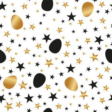 Easter seamless pattern of eggs and stars. Black and gold eggs and stars. Gold gradient. Suitable for printing on fabric, wallpaper, tablecloths, and wrapping paper